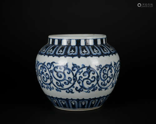 A blue and white 'floral' jar