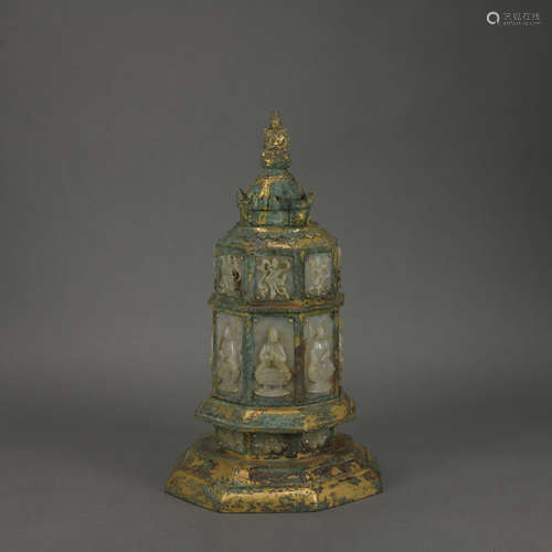 A gilt-bronze and jade inlaid pagoda ornament