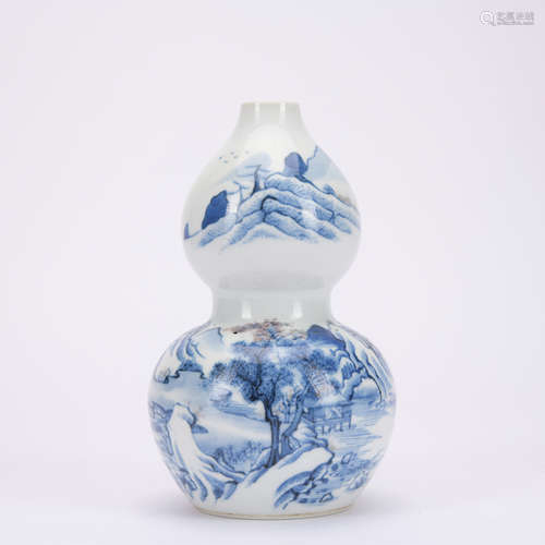 A blue and white 'landscape' gourd-shaped vase