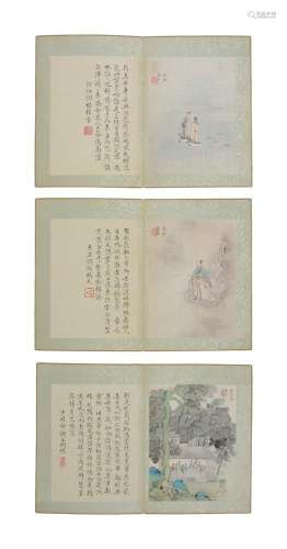 Three painted loose leaves from a Chinese painting album and...