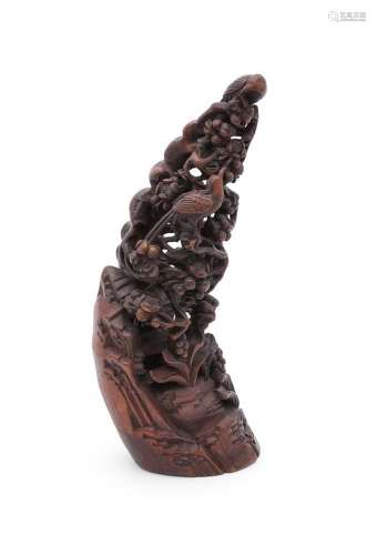 A Chinese carved bamboo group of magpies and prunus