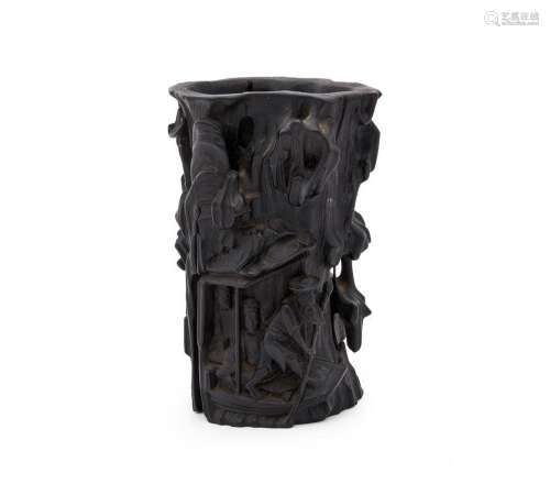 A Chinese stained wood Red Cliff brushpot