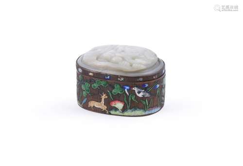 A Chinese gilt enamel box inset with jade elephant plaque