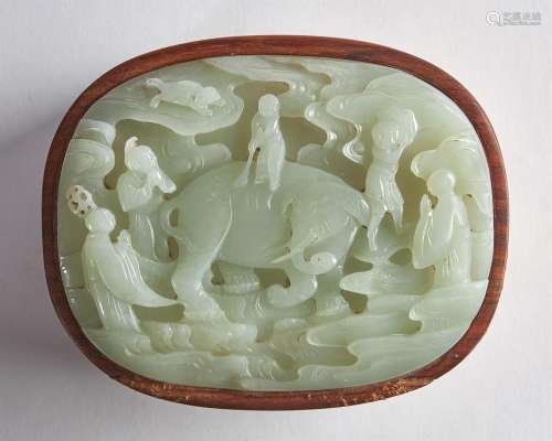 A Chinese pale celadon jade mounted huanghuali box