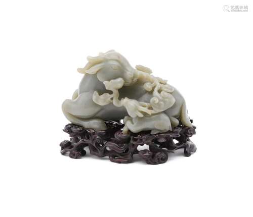 A Chinese celadon jade model of a deer