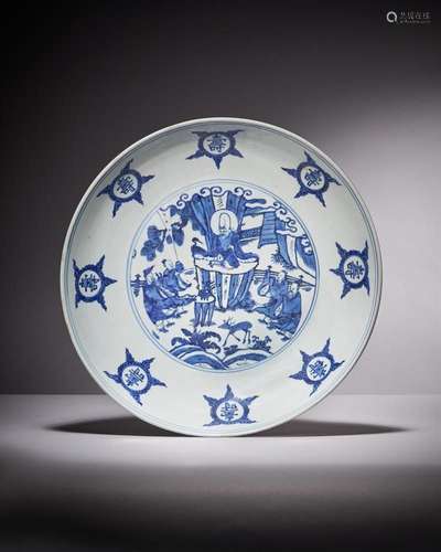 A Chinese large vivid blue and white dish