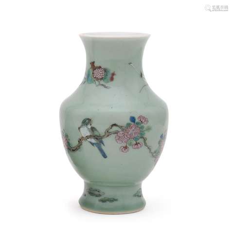 A Chinese celadon-ground famille rose vase with bird and flo...