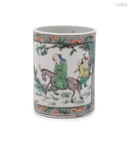 A Chinese Famille Verte cylindrical brush pot