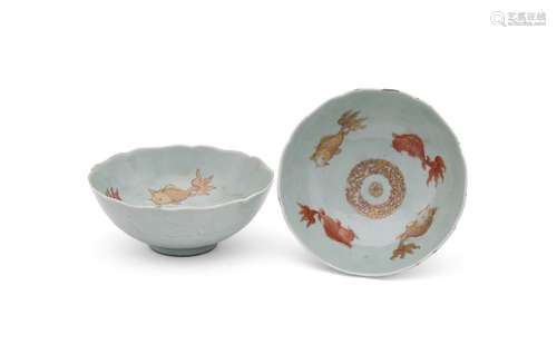 A pair of Chinese Goldfish celadon bowls