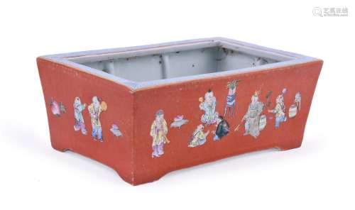 A Chinese coral red rectangular basin
