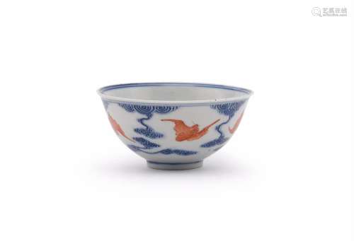 A Chinese underglaze blue and iron-red bat and cloud bowl