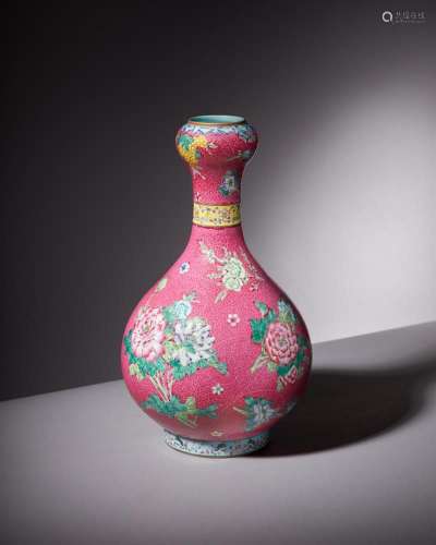 A Chinese famille rose garlic necked sgraffito bottle vase