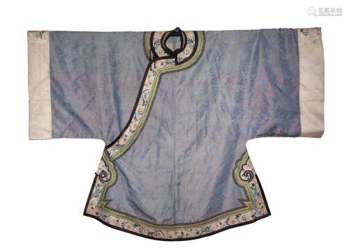 A CHINESE CORAL SILK SKIRT AND A BLUE SILK INFORMAL ROBE
