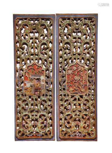 TWO CHINESE POLYCHROME AND GILT-DECORATED RETICULATED PANELS