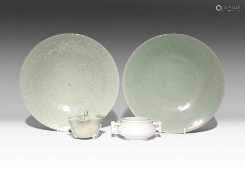 THREE CHINESE CELADON ITEMS AND AN INCENSE BURNER