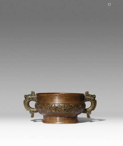 A CHINESE EMBOSSED COPPER AND GILT-BRONZE INCENSE BURNER, GU...