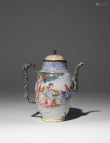 A CHINESE CANTON ENAMEL EUROPEAN SUBJECT EWER AND COVER