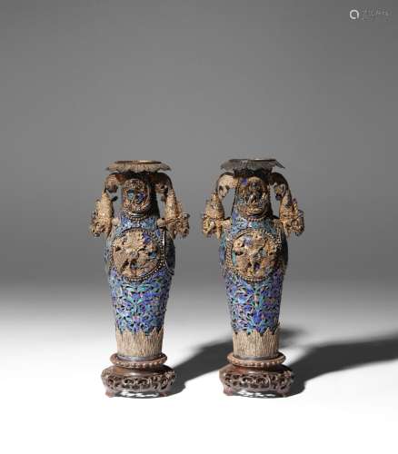 A PAIR OF CHINESE SILVER FILIGREE AND ENAMEL VASES