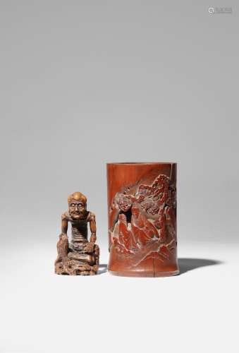 A CHINESE BAMBOO BRUSHPOT AND A BAMBOO CARVED FIGURE