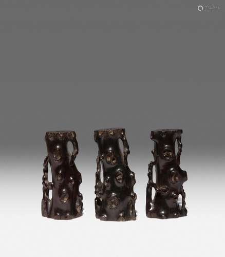 THREE CHINESE ZITAN INCENSE STICK HOLDERS