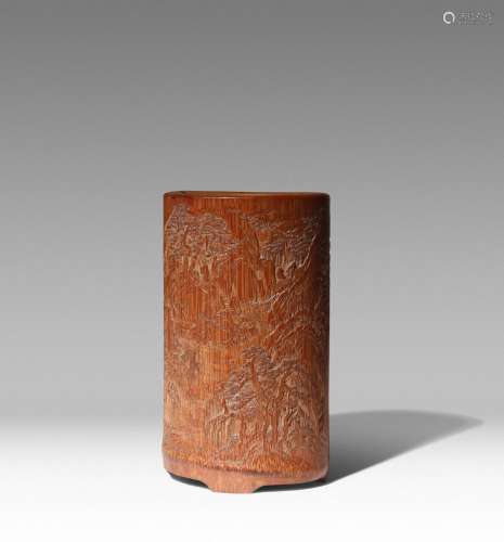 A CHINESE CARVED BAMBOO 'LANDSCAPE' BRUSHPOT, BITONG