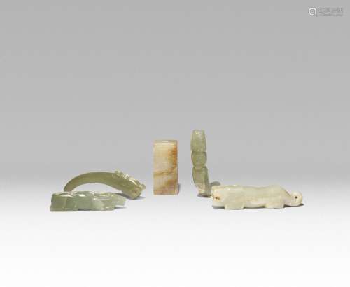 FIVE SMALL CHINESE ARCHAISTIC CELADON JADE CARVINGS