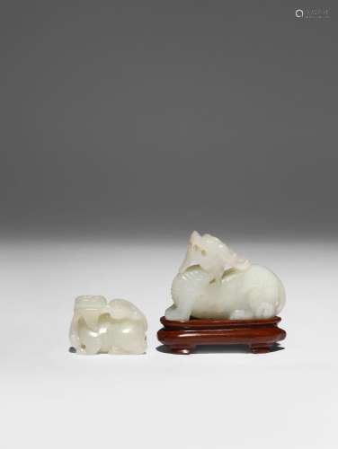 TWO SMALL CHINESE PALE CELADON JADE CARVINGS OF PIXIU