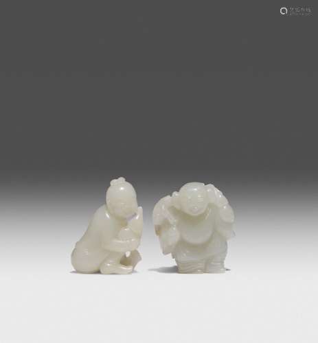 TWO CHINESE CELADON JADE CARVINGS OF LIU HAI AND A BOY