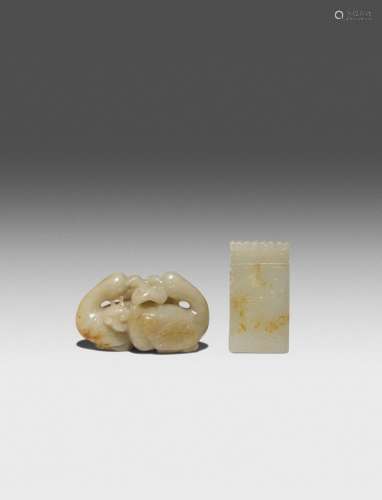 A CHINESE PALE CELADON JADE CARVING OF TWO GEESE AND A RECTA...