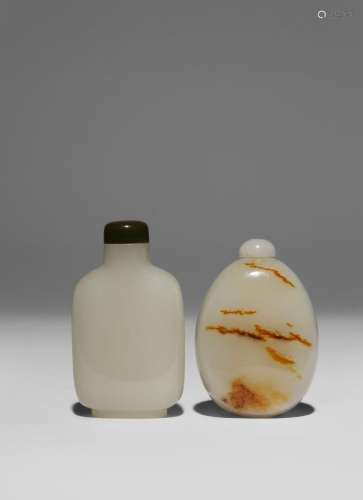 TWO CHINESE PALE CELADON JADE SNUFF BOTTLES