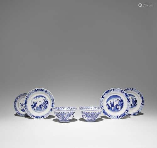 FOUR CHINESE BLUE AND WHITE DISHES AND A PAIR OF TEA BOWLS