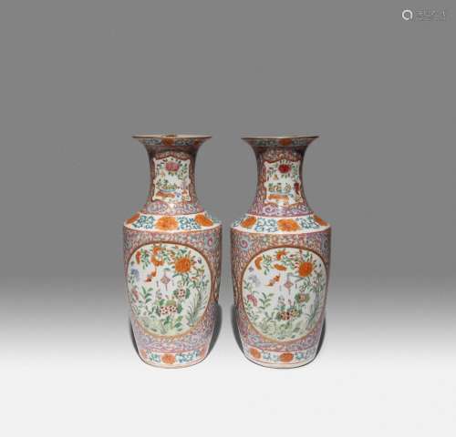 A PAIR OF CHINESE CANTON FAMILLE ROSE PINK-GROUND VASES