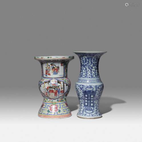 A CHINESE FAMILLE ROSE GU-SHAPED VASE AND A BLUE AND WHITE B...