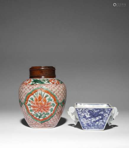 A CHINESE BLUE AND WHITE SQUARE CUP AND AN IRON-RED AND GREE...