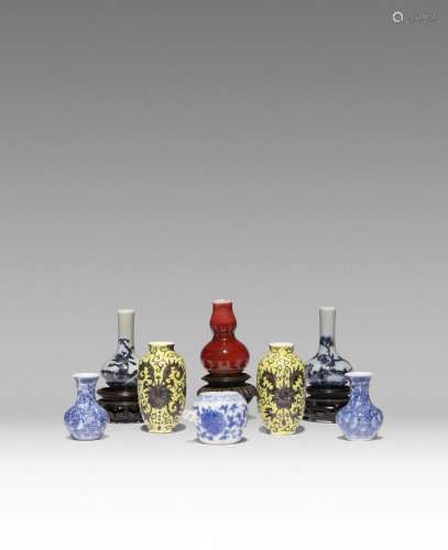 SEVEN CHINESE MINIATURE VASES AND A BIRD FEEDER