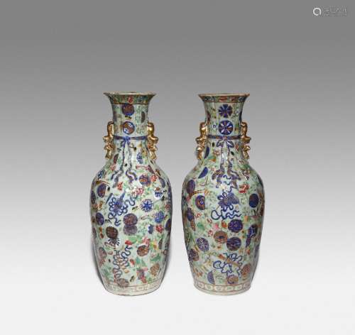 A PAIR OF CHINESE CELADON-GROUND CANTON VASES