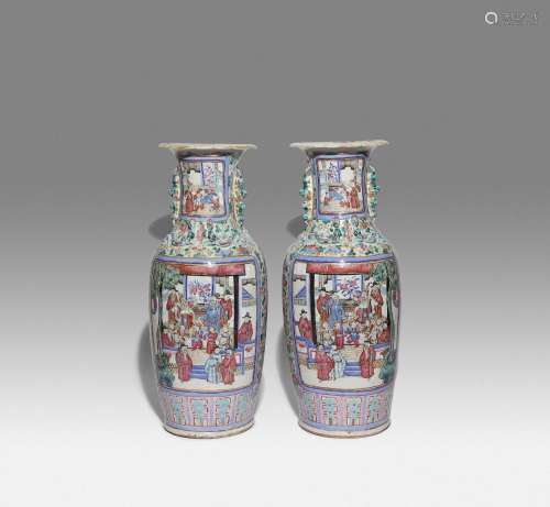 A PAIR OF LARGE CHINESE CANTON FAMILLE ROSE VASES