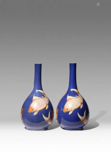 A PAIR OF CHINESE POWDER-BLUE GROUND 'CARP' BOTTLE VASES