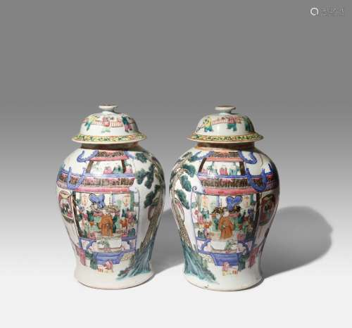 A PAIR OF CHINESE FAMILLE ROSE 'BOYS' JARS AND COVERS
