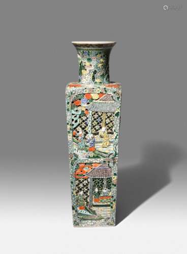 A CHINESE FAMILLE VERTE SQUARE-SECTION RETICULATED VASE