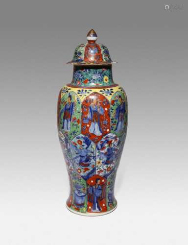 A CHINESE BLUE AND WHITE AND LATER-ENAMELLED BALUSTER VASE A...