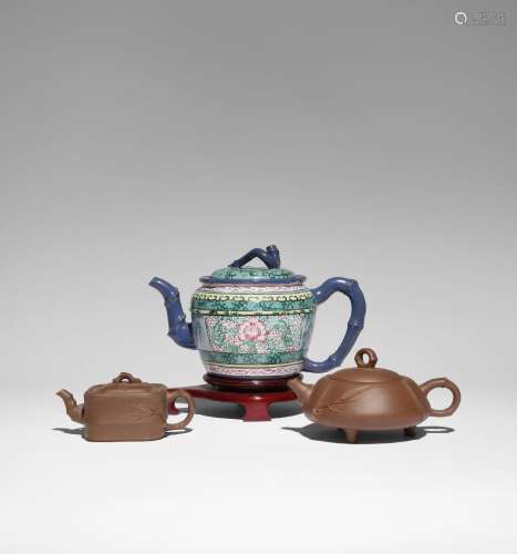 THREE CHINESE YIXING 'BAMBOO' TEAPOTS AND COVERS