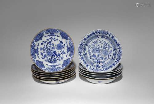 THIRTEEN CHINESE BLUE AND WHITE PLATES AND BOWLS