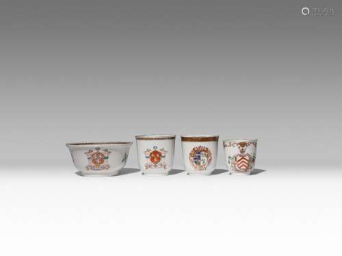 THREE CHINESE ARMORIAL COFFEE CUPS AND A SUGAR BOWL