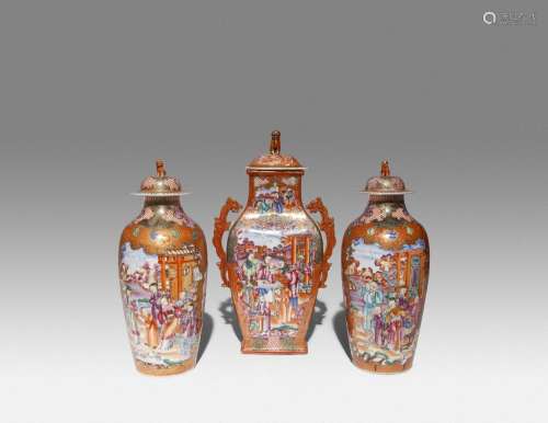 THREE CHINESE MANDARIN PALETTE 'FIGURAL' VASES AND COVERS
