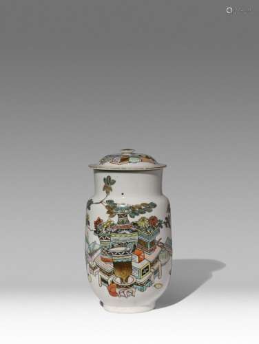 A CHINESE FAMILLE ROSE CYLINDRICAL JAR AND COVER