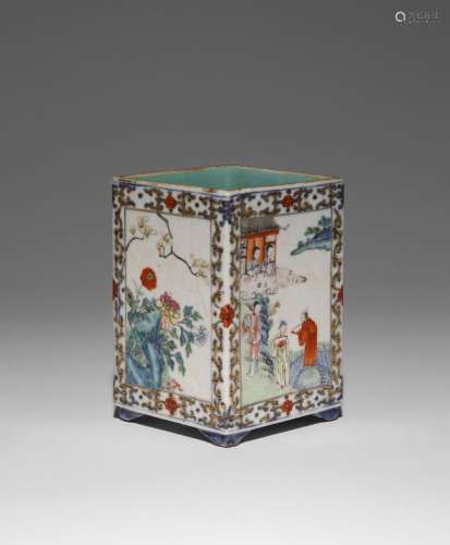 A CHINESE FAMILLE ROSE SQUARE-SECTION BRUSHPOT