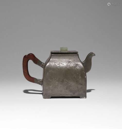 A CHINESE INSCRIBED PEWTER-ENCASED YIXING SQUARE-SECTION TEA...