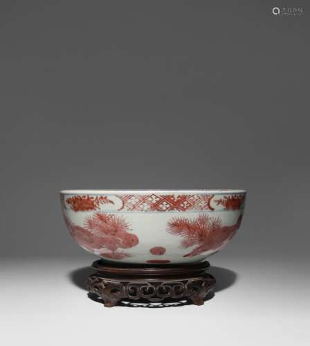 A CHINESE MING-STYLE UNDERGLAZE RED 'FISH' BOWL