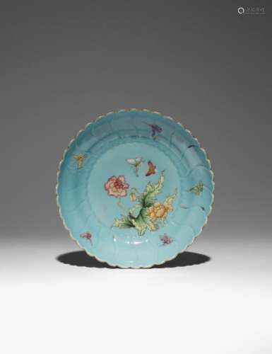 A CHINESE TURQUOISE-GROUND 'FLOWERS AND BUTTERFLIES' DISH